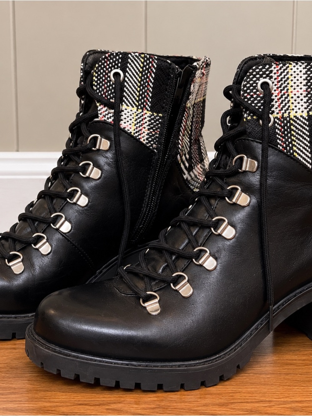 Eric Michael Black Lace-Up Ankle Boots with Plaid Cuff